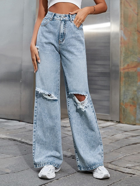 High Waist Straight Women's Ripped Jeans Women White Denim Trousers Korean Clothing Fashion Streetwear Baggy Pants 2022 Summer