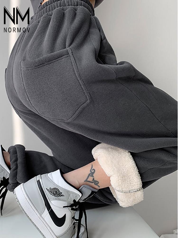 NORMOV Winter Casual Pants Women Drawstring Fleece Warm Loose Sweatpants Solid Color High Waist Cotton Pant Lamb Wool