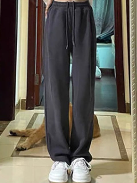 NORMOV Winter Casual Pants Women Drawstring Fleece Warm Loose Sweatpants Solid Color High Waist Cotton Pant Lamb Wool