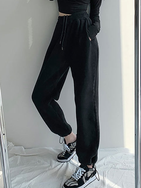 NORMOV Winter Casual Pants Women Drawstring Fleece Warm Loose Sweatpants Solid Color High Waist Cotton Pant Lamb Wool