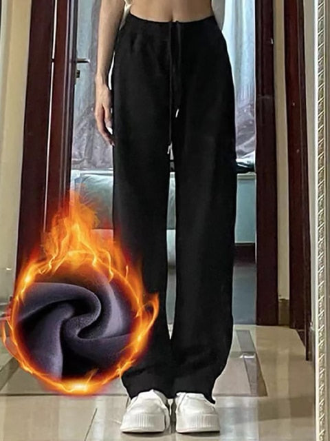 NORMOV Winter Casual Pants Women Drawstring Fleece Warm Loose Sweatpants Solid Color High Waist Cotton Pant Lamb Wool