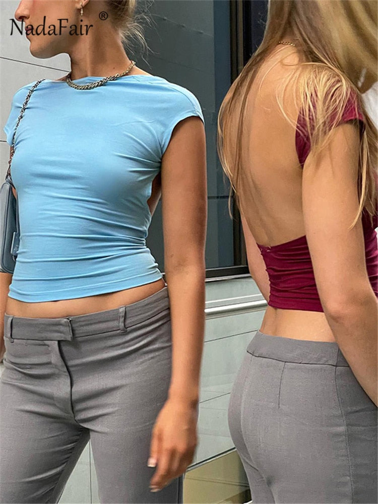Nadafair Short Sleeve Backless Tops Women Multi Ways Wear 2022 Skinny Basic Summer Slim Cropped Cut Out Sexy T Shirt Crop Top