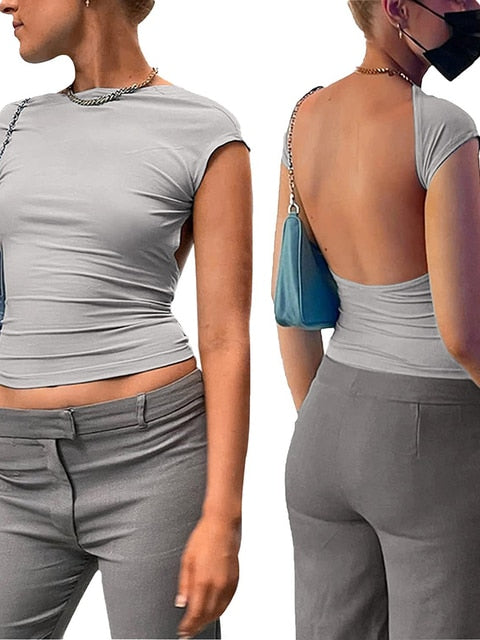 Nadafair Short Sleeve Backless Tops Women Multi Ways Wear 2022 Skinny Basic Summer Slim Cropped Cut Out Sexy T Shirt Crop Top