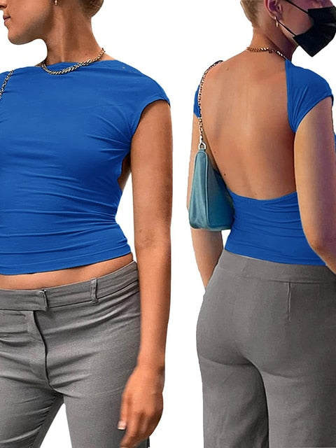 Nadafair Short Sleeve Backless Tops Women Multi Ways Wear 2022 Skinny Basic Summer Slim Cropped Cut Out Sexy T Shirt Crop Top