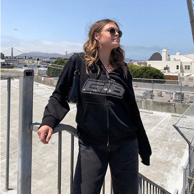 New Punk Graphic Printed Hoodies Women Vintage Black Zipper Ribbon Oversize Sweatshirt Female 90s Harajuku Streetwear Jacket