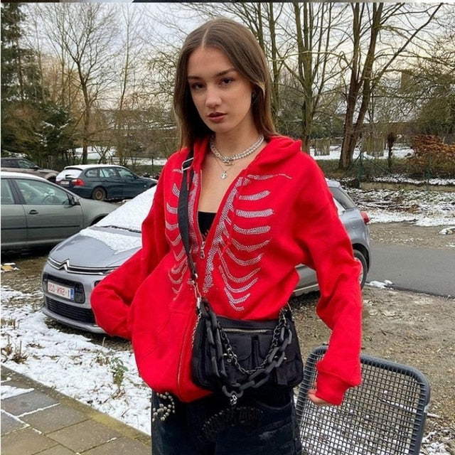 Rhinestone Skeleton Hoodies Women Gothic Black Zip Up Oversized Sweatshirts Female Retro Harajuku Hooded Jacket Streetwear