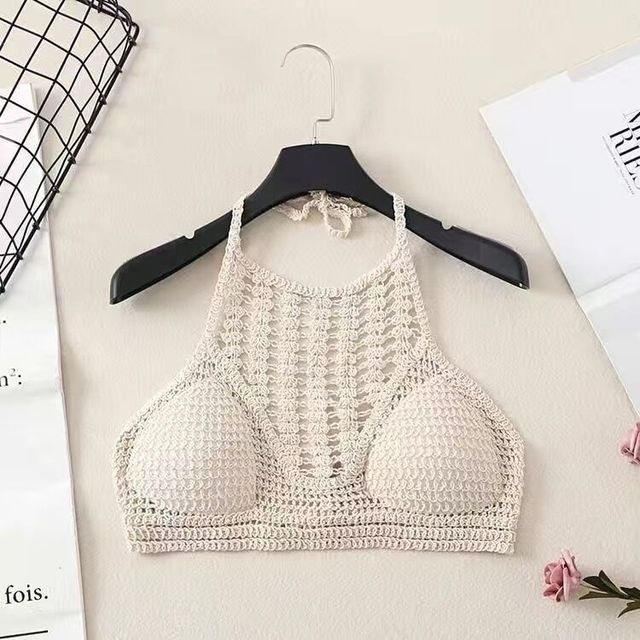 Women Summer Short Vest Sexy Hollow Out Plain White Halter Vest Strap Crop Tops Crochet Bikini Tank Tops Shirt Hot Tank Top