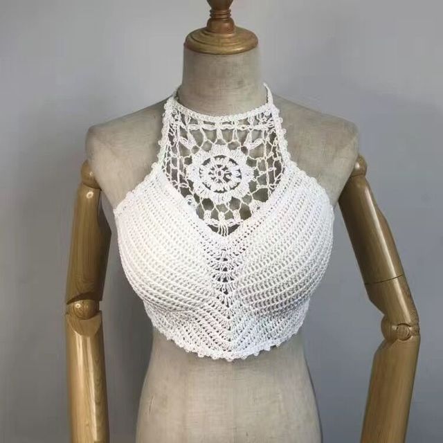 Women Summer Short Vest Sexy Hollow Out Plain White Halter Vest Strap Crop Tops Crochet Bikini Tank Tops Shirt Hot Tank Top