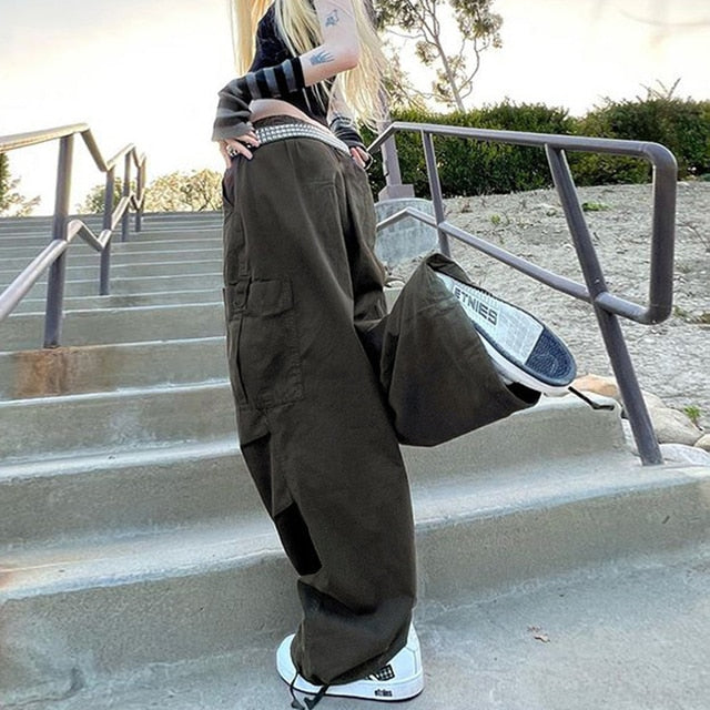 Women Y2K Cargo Pants Casual Hippie Joggers Trousers Solid Drawstring Low Waist Loose Streetwear Punk Baggy Wide Leg Sweatpants