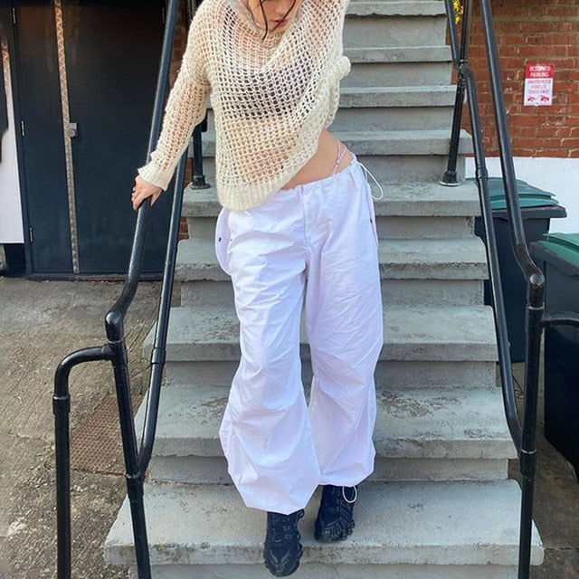 Women Y2K Cargo Pants Casual Hippie Joggers Trousers Solid Drawstring Low Waist Loose Streetwear Punk Baggy Wide Leg Sweatpants