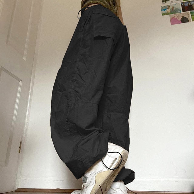 Women Y2K Cargo Pants Casual Hippie Joggers Trousers Solid Drawstring Low Waist Loose Streetwear Punk Baggy Wide Leg Sweatpants