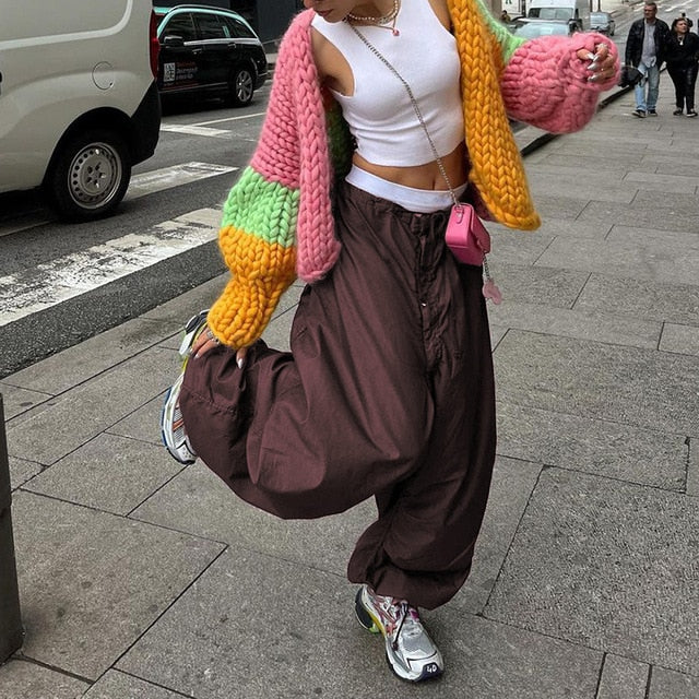 Women Y2K Cargo Pants Casual Hippie Joggers Trousers Solid Drawstring Low Waist Loose Streetwear Punk Baggy Wide Leg Sweatpants