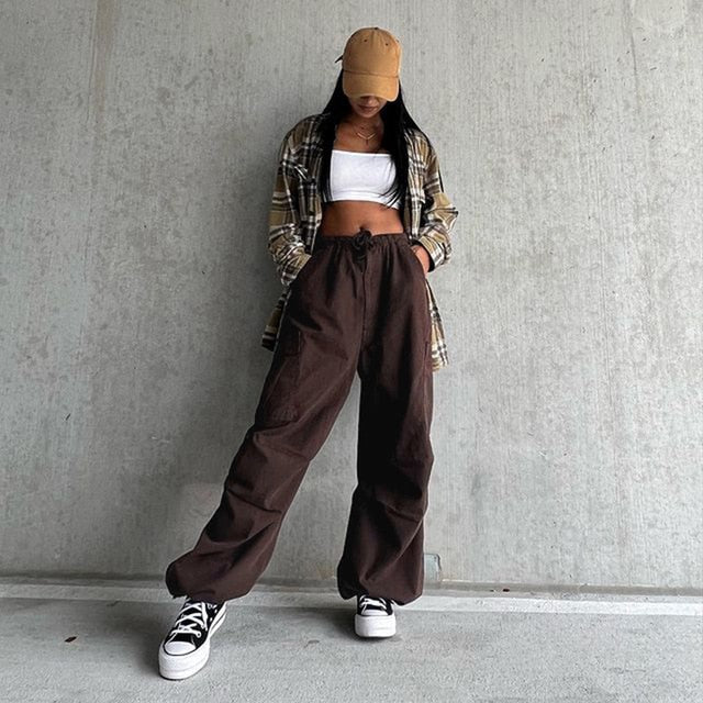 Women Y2K Cargo Pants Casual Hippie Joggers Trousers Solid Drawstring Low Waist Loose Streetwear Punk Baggy Wide Leg Sweatpants