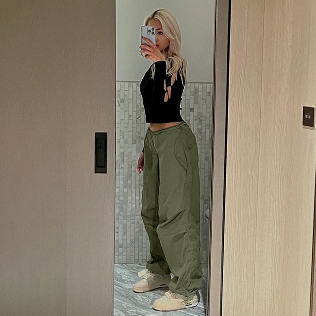 Women Y2K Cargo Pants Casual Hippie Joggers Trousers Solid Drawstring Low Waist Loose Streetwear Punk Baggy Wide Leg Sweatpants