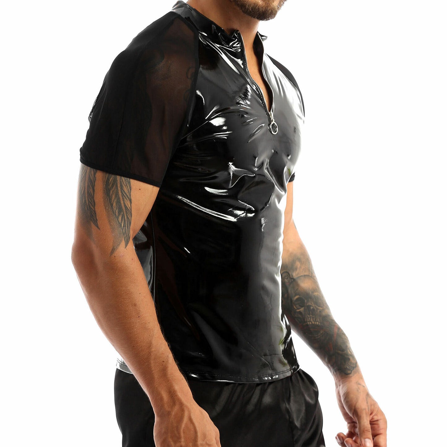 Men'S Wet Look Leather Shirt round Neck Short Sleeves T Shirt Leather Clubwear
