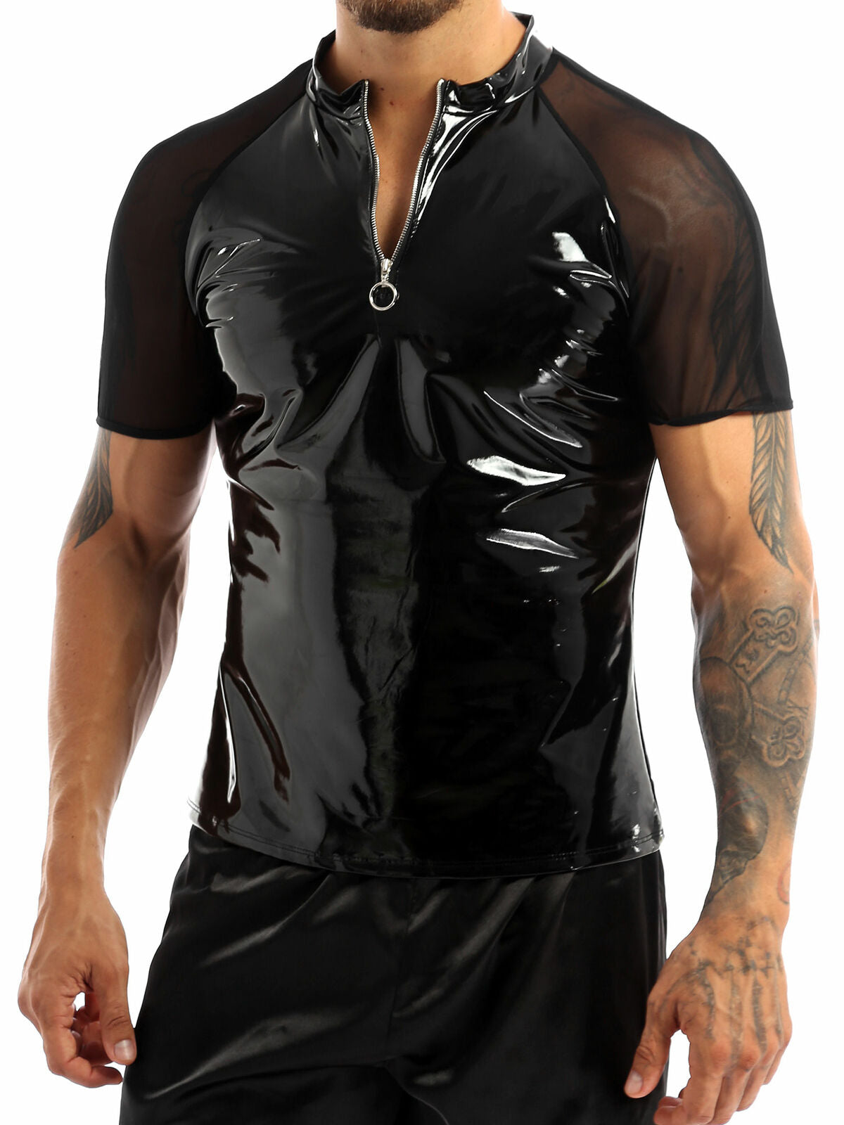 Men'S Wet Look Leather Shirt round Neck Short Sleeves T Shirt Leather Clubwear