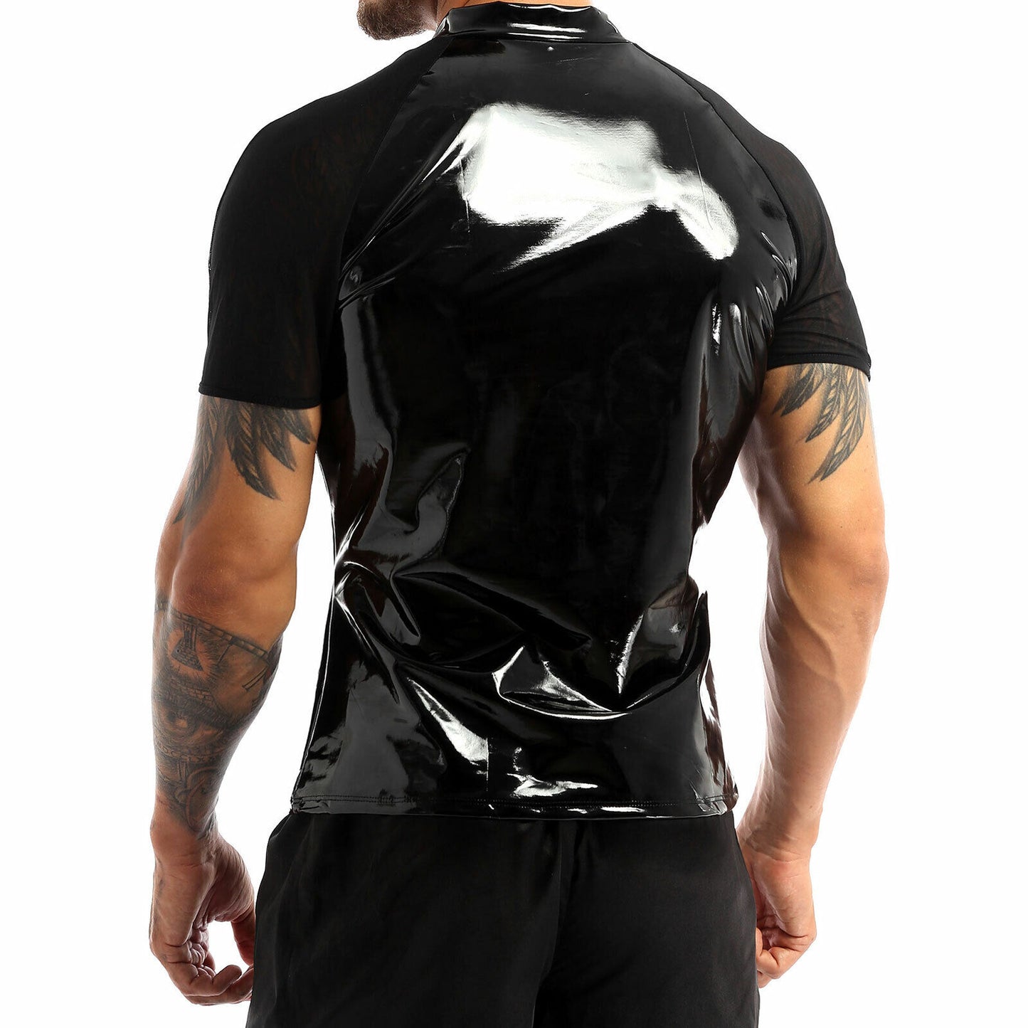 Men'S Wet Look Leather Shirt round Neck Short Sleeves T Shirt Leather Clubwear