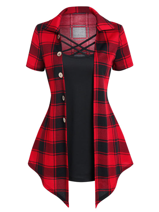 Crisscross Plaid Print Mock Button Casual Faux Twinset T Shirt Combo Women 2 in 1 Tee Twofer Summer High Waist Fashion T-Shirts