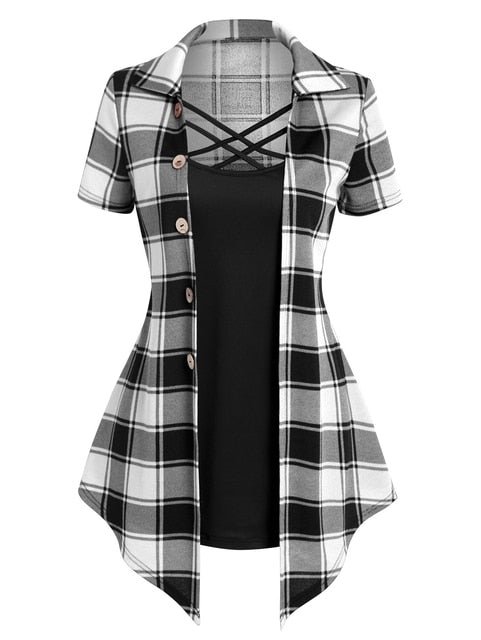 Crisscross Plaid Print Mock Button Casual Faux Twinset T Shirt Combo Women 2 in 1 Tee Twofer Summer High Waist Fashion T-Shirts