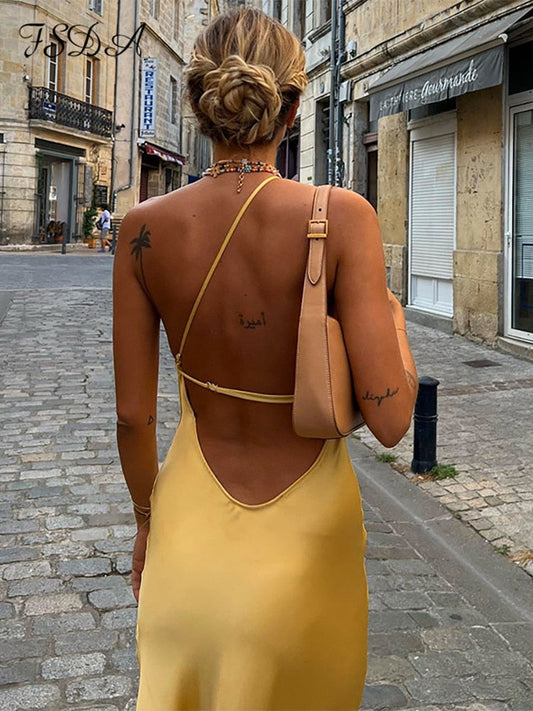 FSDA 2022 Summer Satin Elegant Dress Women Club Maxi Split Backless Party Dresses Bodycon Sleeveless Halter Neck Fashion Clothes