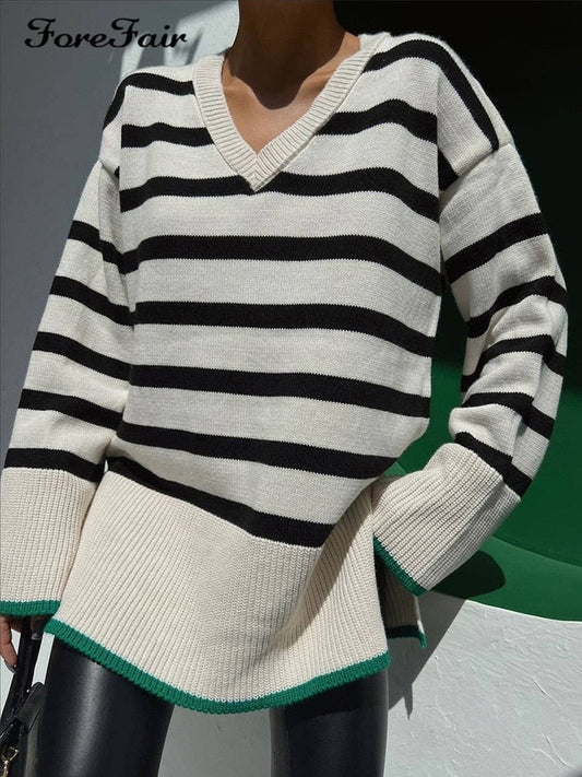 Forefair 2022 Autumn Winter Striped Knitted Pullover Oversized V Neck Green Long Sleeve Vintage Loose Sweater Women Casual