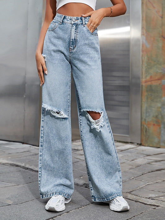 High Waist Straight Women&#39;s Ripped Jeans Women White Denim Trousers Korean Clothing Fashion Streetwear Baggy Pants 2022 Summer
