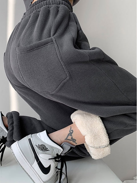 NORMOV Winter Casual Pants Women Drawstring Fleece Warm Loose Sweatpants Solid Color High Waist Cotton Pant Lamb Wool