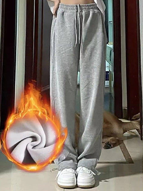 NORMOV Winter Casual Pants Women Drawstring Fleece Warm Loose Sweatpants Solid Color High Waist Cotton Pant Lamb Wool