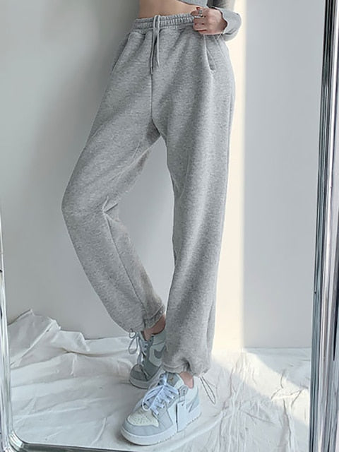 NORMOV Winter Casual Pants Women Drawstring Fleece Warm Loose Sweatpants Solid Color High Waist Cotton Pant Lamb Wool