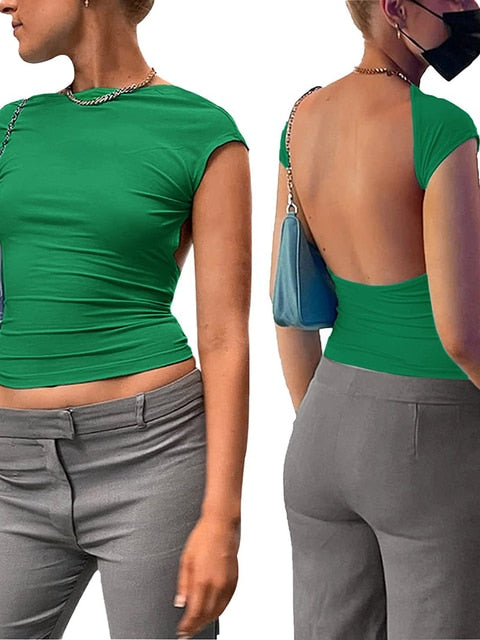 Nadafair Short Sleeve Backless Tops Women Multi Ways Wear 2022 Skinny Basic Summer Slim Cropped Cut Out Sexy T Shirt Crop Top
