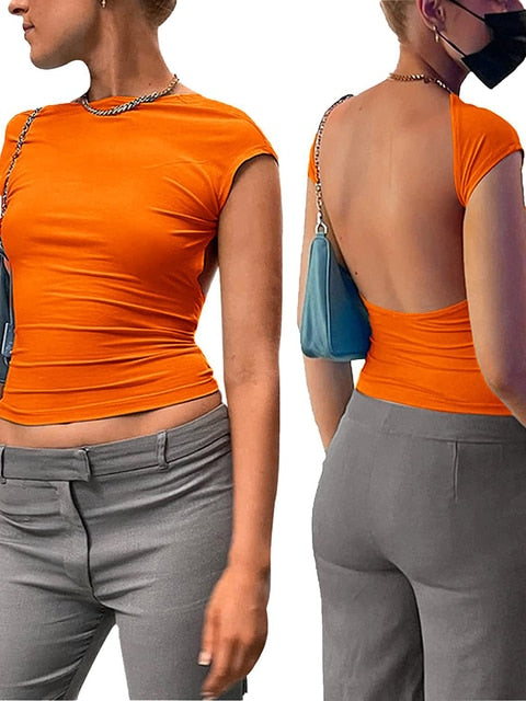 Nadafair Short Sleeve Backless Tops Women Multi Ways Wear 2022 Skinny Basic Summer Slim Cropped Cut Out Sexy T Shirt Crop Top