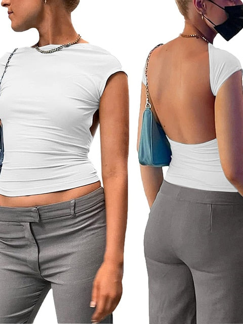 Nadafair Short Sleeve Backless Tops Women Multi Ways Wear 2022 Skinny Basic Summer Slim Cropped Cut Out Sexy T Shirt Crop Top