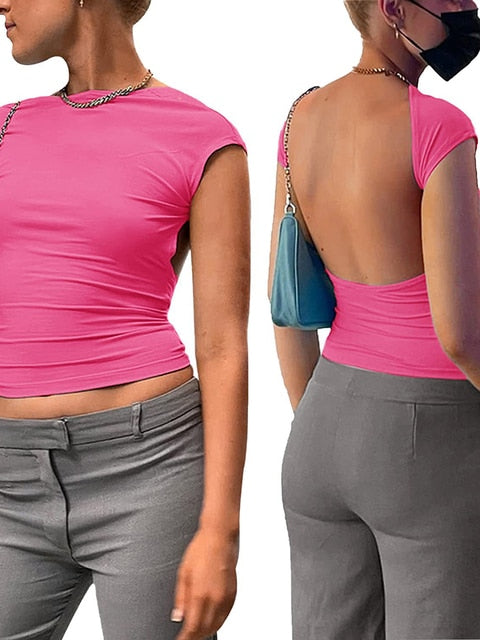 Nadafair Short Sleeve Backless Tops Women Multi Ways Wear 2022 Skinny Basic Summer Slim Cropped Cut Out Sexy T Shirt Crop Top
