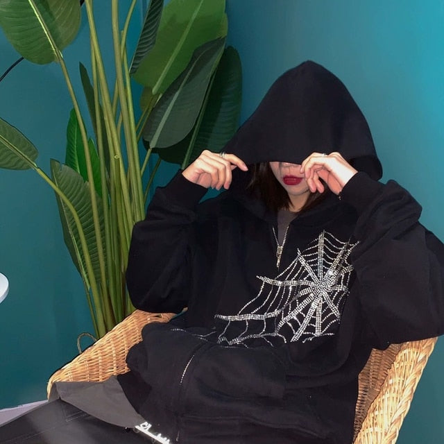 New Punk Graphic Printed Hoodies Women Vintage Black Zipper Ribbon Oversize Sweatshirt Female 90s Harajuku Streetwear Jacket