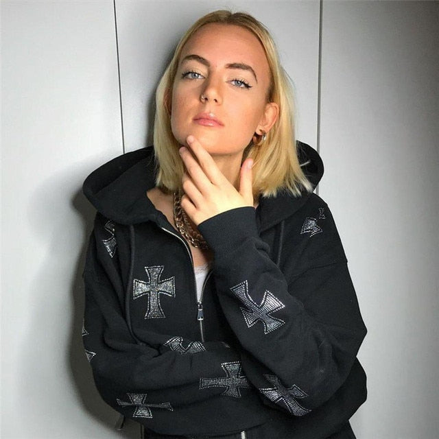 New Punk Graphic Printed Hoodies Women Vintage Black Zipper Ribbon Oversize Sweatshirt Female 90s Harajuku Streetwear Jacket