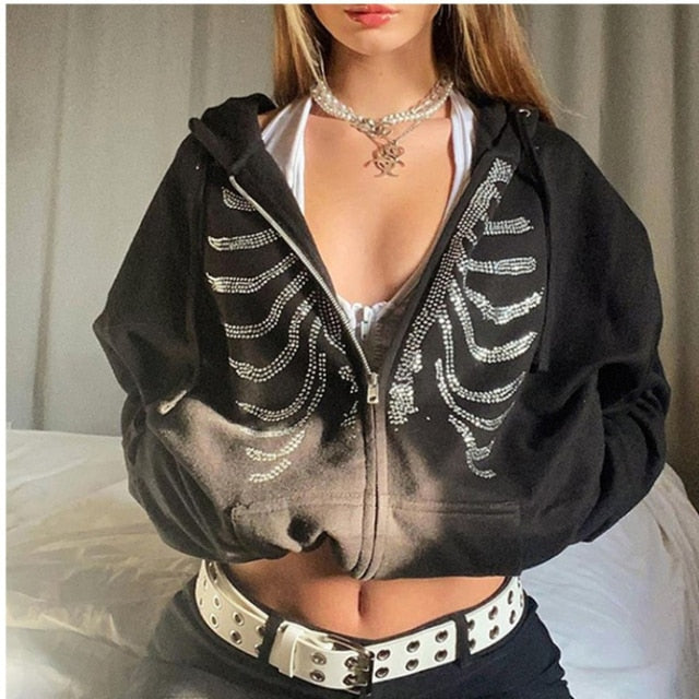 Rhinestone Skeleton Hoodies Women Gothic Black Zip Up Oversized Sweatshirts Female Retro Harajuku Hooded Jacket Streetwear
