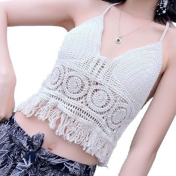 Women Summer Short Vest Sexy Hollow Out Plain White Halter Vest Strap Crop Tops Crochet Bikini Tank Tops Shirt Hot Tank Top