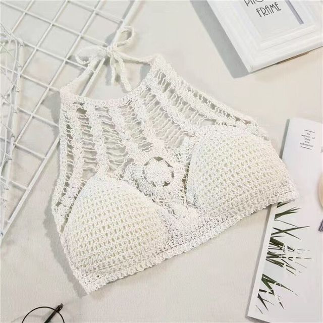 Women Summer Short Vest Sexy Hollow Out Plain White Halter Vest Strap Crop Tops Crochet Bikini Tank Tops Shirt Hot Tank Top