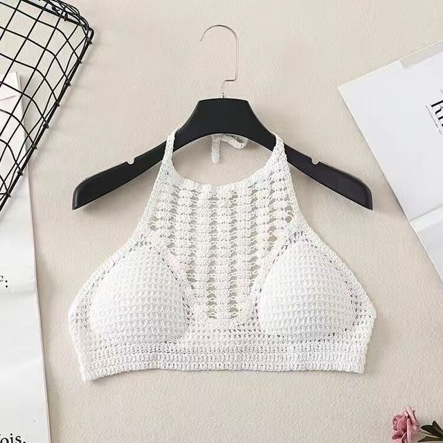 Women Summer Short Vest Sexy Hollow Out Plain White Halter Vest Strap Crop Tops Crochet Bikini Tank Tops Shirt Hot Tank Top