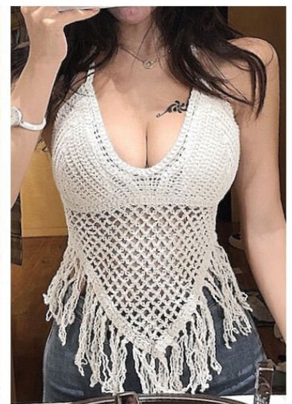 Women Summer Short Vest Sexy Hollow Out Plain White Halter Vest Strap Crop Tops Crochet Bikini Tank Tops Shirt Hot Tank Top