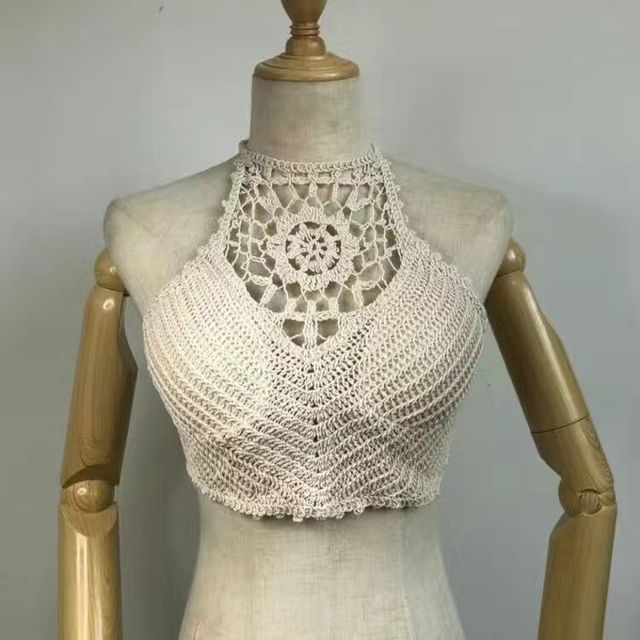 Women Summer Short Vest Sexy Hollow Out Plain White Halter Vest Strap Crop Tops Crochet Bikini Tank Tops Shirt Hot Tank Top
