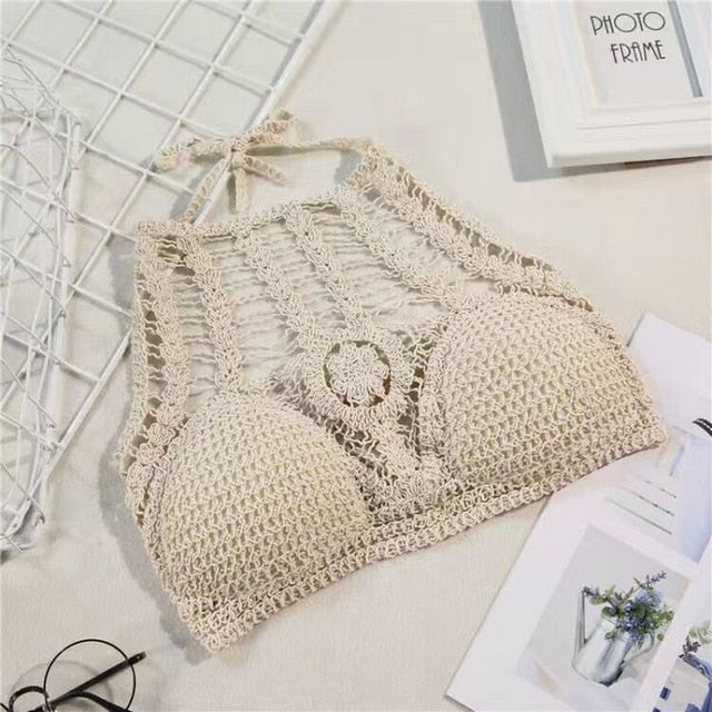 Women Summer Short Vest Sexy Hollow Out Plain White Halter Vest Strap Crop Tops Crochet Bikini Tank Tops Shirt Hot Tank Top