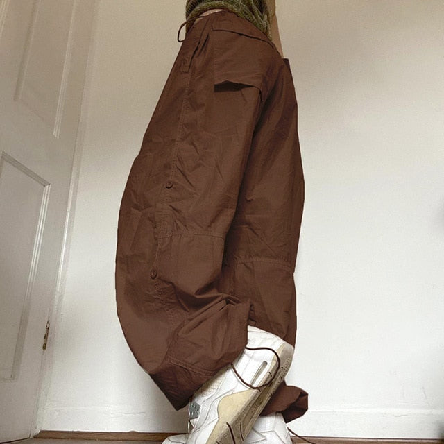 Women Y2K Cargo Pants Casual Hippie Joggers Trousers Solid  Drawstring Low Waist Loose Streetwear Punk Baggy Wide Leg Sweatpants