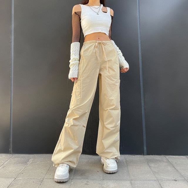 Women Y2K Cargo Pants Casual Hippie Joggers Trousers Solid  Drawstring Low Waist Loose Streetwear Punk Baggy Wide Leg Sweatpants