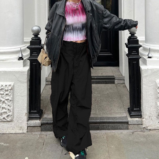 Women Y2K Cargo Pants Casual Hippie Joggers Trousers Solid  Drawstring Low Waist Loose Streetwear Punk Baggy Wide Leg Sweatpants
