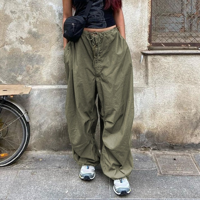 Women Y2K Cargo Pants Casual Hippie Joggers Trousers Solid  Drawstring Low Waist Loose Streetwear Punk Baggy Wide Leg Sweatpants